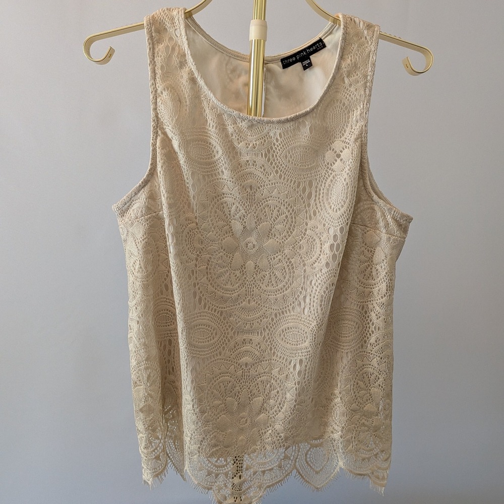 Three Pink Hearts Lace Tank Top Women L Gold/Off White Floral Sleeveless Blouse